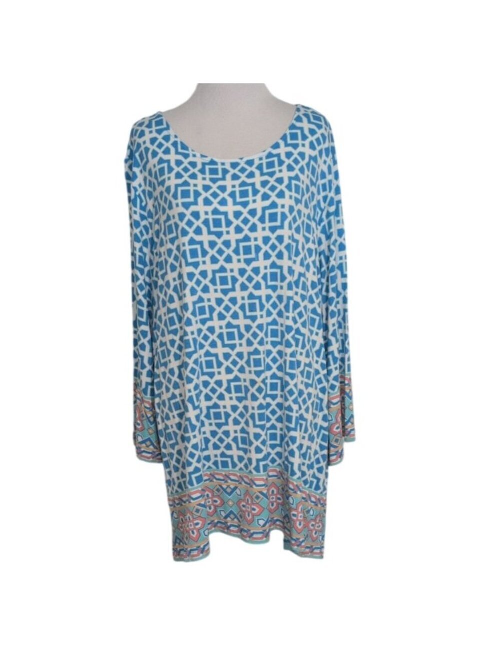 Ruby Rd Geometric Lattice Tunic Womens Size 2X Blue Stretch Boho Long Sleeve